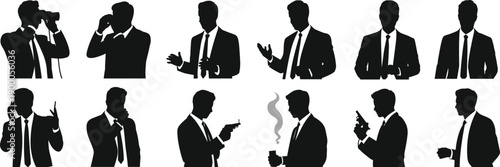 Black silhouettes of businessmen in various poses on white background suits 1