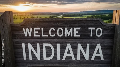 welcome to indiana sign on rural highway at sunset