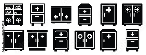Minimalist black silhouette icon set of a medical cabinet . simple black flat vector style for medical and fitness icons concept.