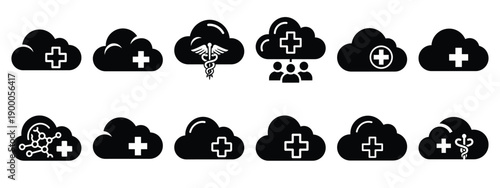 Minimalist black silhouette icon set of a medical cloud system . simple black flat vector style for medical and fitness icons concept.