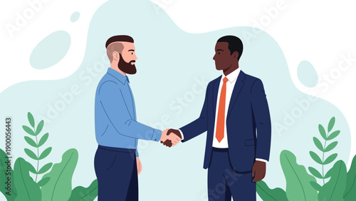 Two men in professional attire shake hands, symbolizing agreement or partnership. The setting is simple, with green plants in the background.