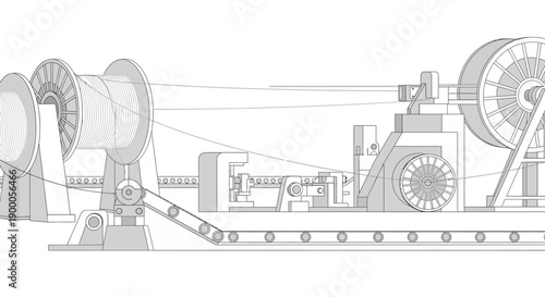 Detailed illustration of a large industrial cable winding and unwinding machine with multiple spools and mechanical components.