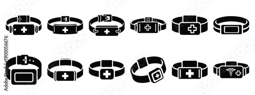 Minimalist black silhouette icon set of a medical id bracelet . simple black flat vector style for medical and fitness icons concept.