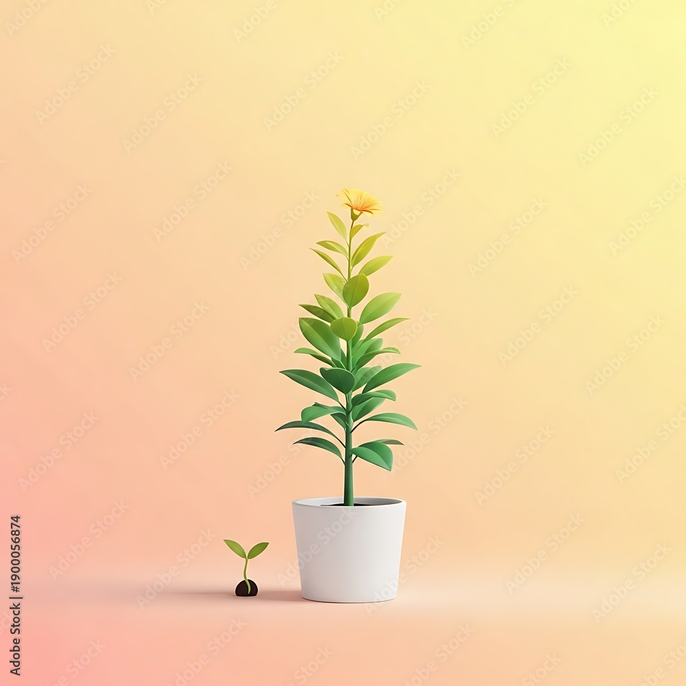 Fototapeta premium A small potted plant with a yellow flower on a pastel background