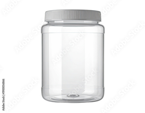 Transparent cylindrical plastic supplement container with a white screw-on cap.