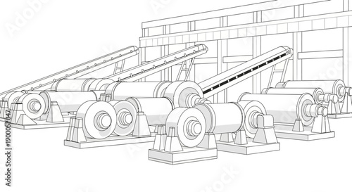 Wireframe illustration of multiple industrial conveyor belt systems with motors and rollers.