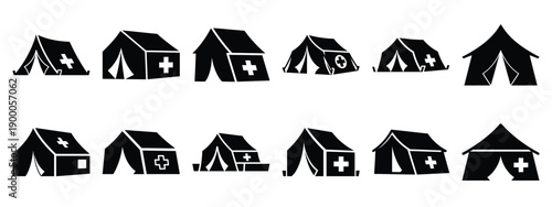Minimalist black silhouette icon set of a medical tent . simple black flat vector style for medical and fitness icons concept.