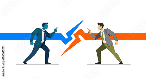 Business Conflict and Confrontation: Two Rival Businessmen Arguing and Pointing Fingers Separated by a Lightning Bolt Divide Illustration.