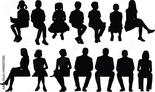 Black silhouettes of people sitting on white background