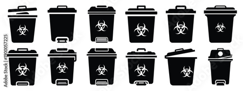 Minimalist black silhouette icon set of a medical waste bin . simple black flat vector style for medical and fitness icons concept.
