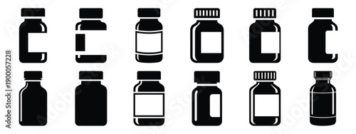 Minimalist black silhouette icon set of a medicine bottle . simple black flat vector style for medical and fitness icons concept.
