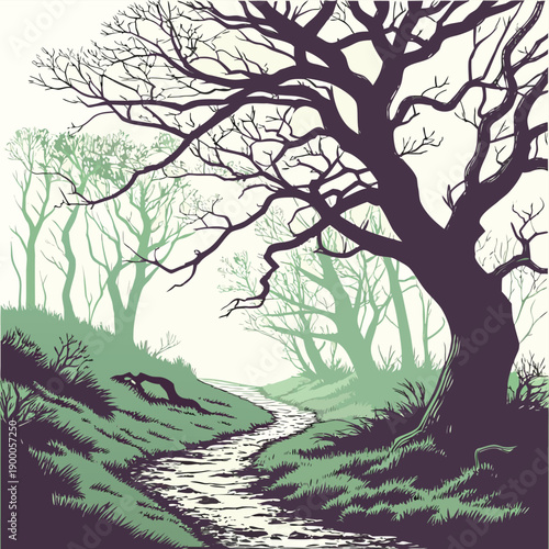 Misty forest landscape illustration with winding stream and bare trees