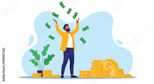 Man joyfully throws dollar bills in the air, surrounded by stacked gold coins. A potted plant and abstract blue shapes add a lively tone.