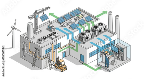 Diagram illustrating a modern industrial facility integrating renewable energy sources and advanced climate control systems.
