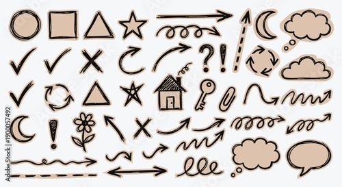 Hand drawn doodle elements set with arrows, speech bubbles and shapes on beige backgrounds. A vector collection of creative sketch icons for scrapbooking, presentations, and journaling.