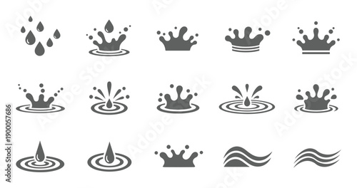 Grey water droplet and splash ripple silhouette icon set