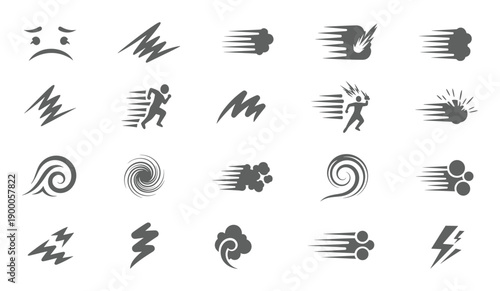 Grey speed motion and emotion effect silhouette icon set