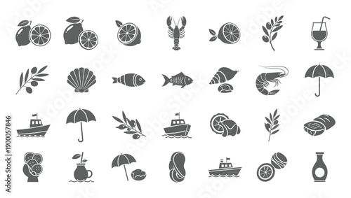 Grey seafood citrus fruit and summer themed silhouette icon set