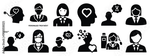 Minimalist black silhouette icon set of a personalized treatment . simple black flat vector style for medical and fitness icons concept.