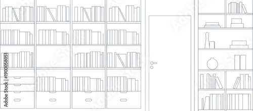 Bookshelves with books and decorative bookshelf drawers door vase