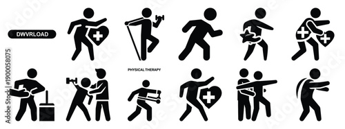 Minimalist black silhouette icon set of a physical therapy . simple black flat vector style for medical and fitness icons concept.