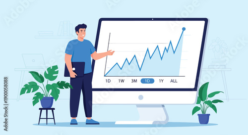 Illustration of a person in a blue shirt pointing at an upward-trending graph on a large computer screen, surrounded by potted plants, conveying success.