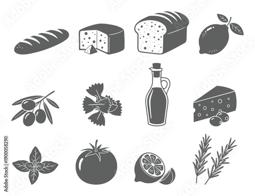 Grey food silhouette set with bread olives citrus and herbs