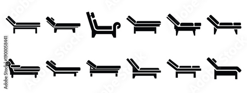 Minimalist black silhouette icon set of a psychiatry couch . simple black flat vector style for medical and fitness icons concept.