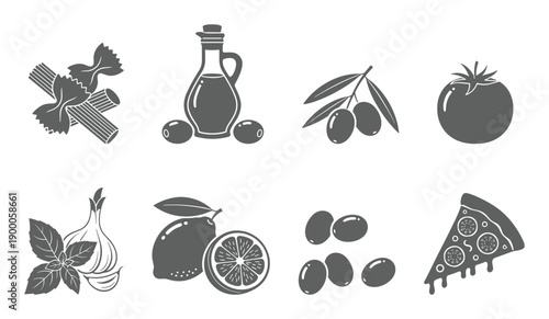 Grey Italian food silhouette icon set with pasta olives pizza and herbs
