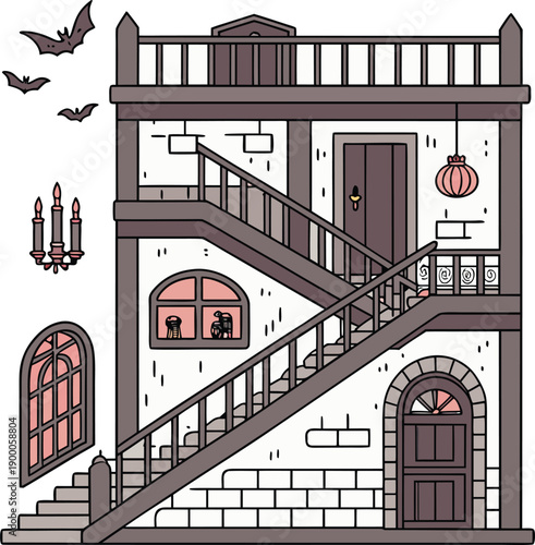 Haunted house facade with spooky elements