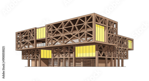 Contemporary Wood Architecture Building Illustration. Complex structural timber facade, modular design, modern office or cultural center sketch isolated on white.
