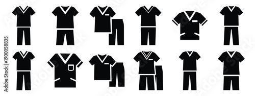 Minimalist black silhouette icon set of a scrubs clothing . simple black flat vector style for medical and fitness icons concept.