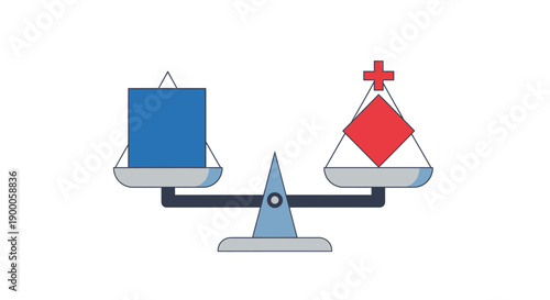 Perfect Balance Scale Illustration showing equality between a blue square and a red plus sign diamond. Comparison, equilibrium, and equal value concept.