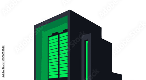 Futuristic Data Center Building with Neon Green Battery Power Indicators. High-Capacity Digital Server Infrastructure and Green Energy Concept.