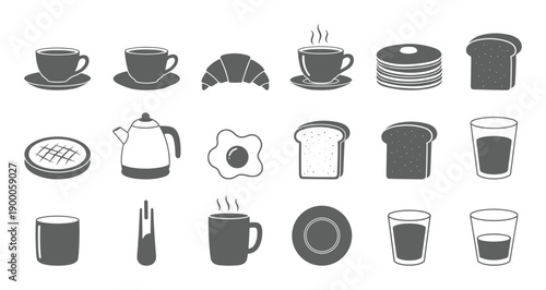 Simple grey breakfast food and beverage silhouette icon set