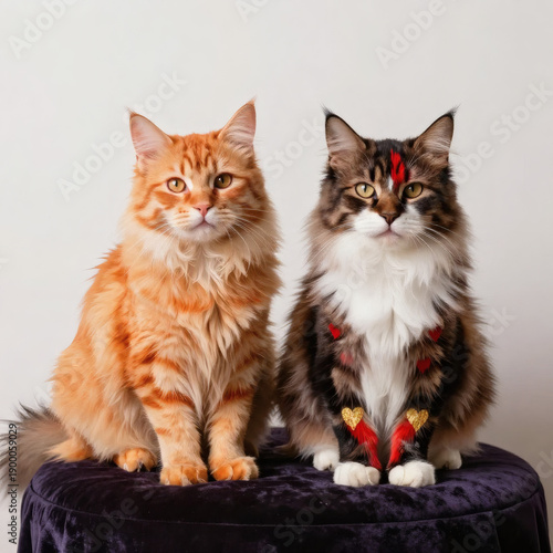 A Portrait Of An Orange Tabby Maine Coon And A Dark Tabby Maine Coon With Red And Gold Markings Sitting Side By Side On A Purple Velvet Stool
