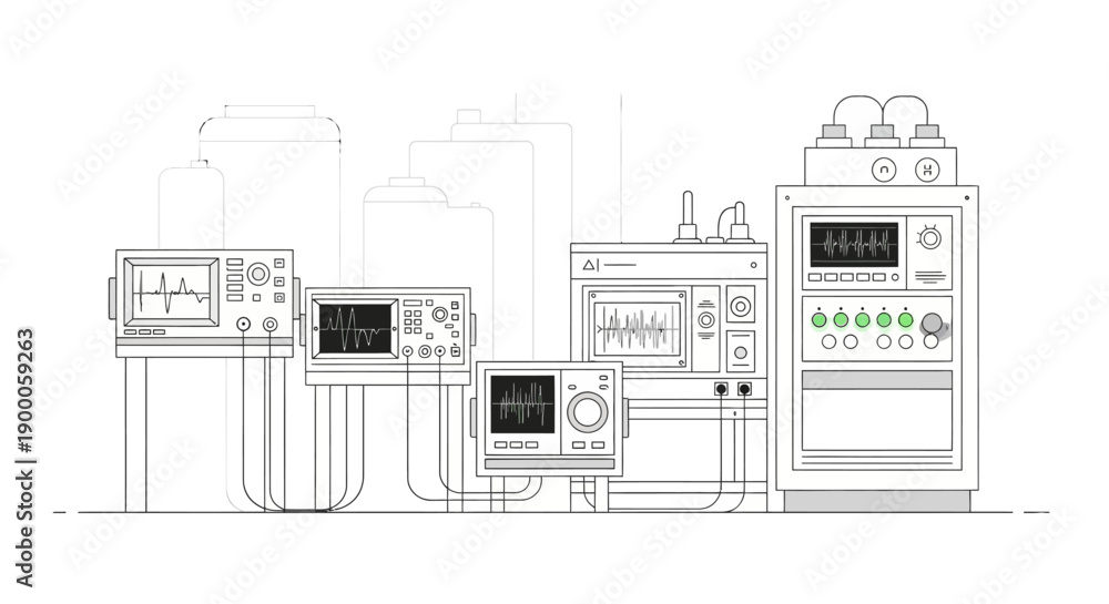 Fototapeta premium A collection of medical monitoring devices and equipment, including oscilloscopes and control panels, arranged in a line against a backdrop of stylized buildings.