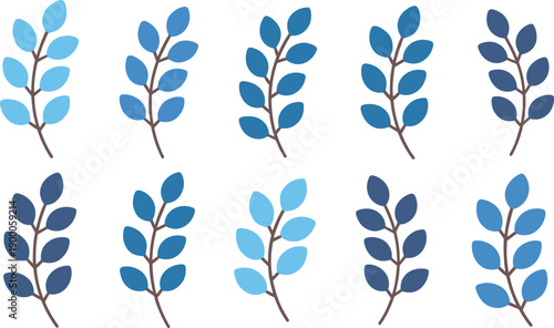 simple botanical leaf branch set, flat plant foliage vector illustration on transparent background
