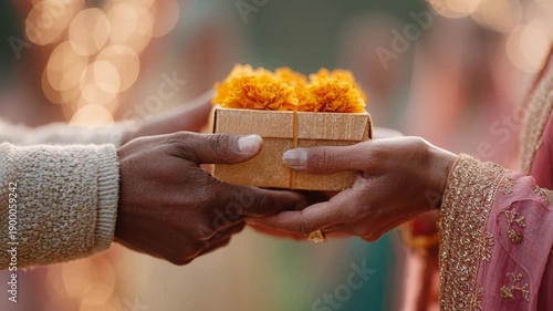 Man and woman exchanging a gold gift box with orange marigold flowers, celebrating Gudi Padva and Indian New Year