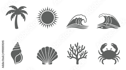 Grey tropical beach and ocean environment silhouette icon set