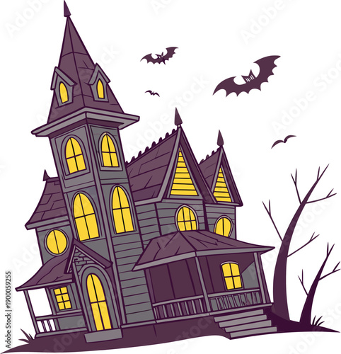 Creepy haunted house with glowing windows and bats