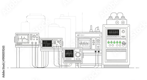 A collection of medical monitoring devices and equipment, including oscilloscopes and control panels, arranged in a line against a backdrop of stylized buildings.