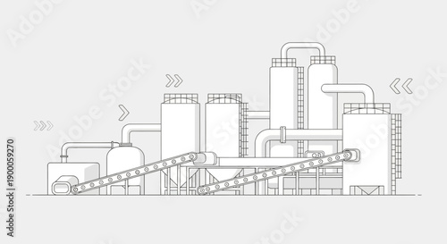 Industrial factory with conveyor belts and storage tanks, illustrating a manufacturing process.