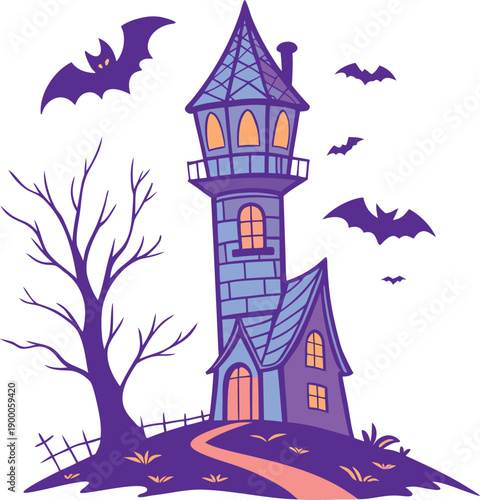 Stone tower castle with path and purple tree under moonlight bats