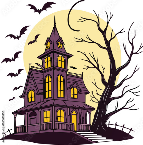Gothic haunted mansion silhouette against giant moon with dead tree