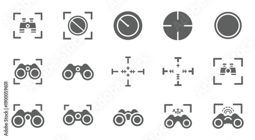 Grey surveillance and security silhouette icon set with cameras and symbols