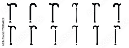 Minimalist black silhouette icon set of a walking cane . simple black flat vector style for medical and fitness icons concept.