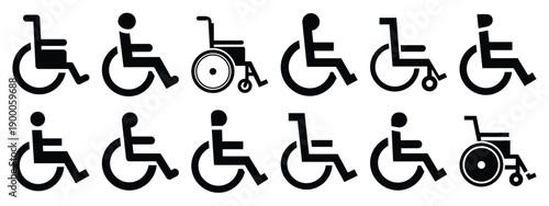Minimalist black silhouette icon set of a wheelchair . simple black flat vector style for medical and fitness icons concept.