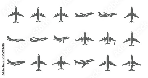 Various airplane silhouette icons showing flight perspectives and stages