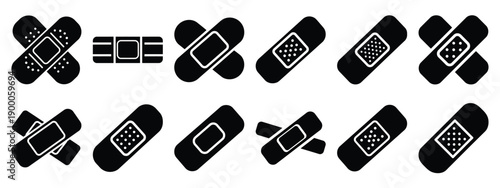 Minimalist black silhouette icon set of a adhesive plaster . simple black flat vector style for medical and fitness icons concept.